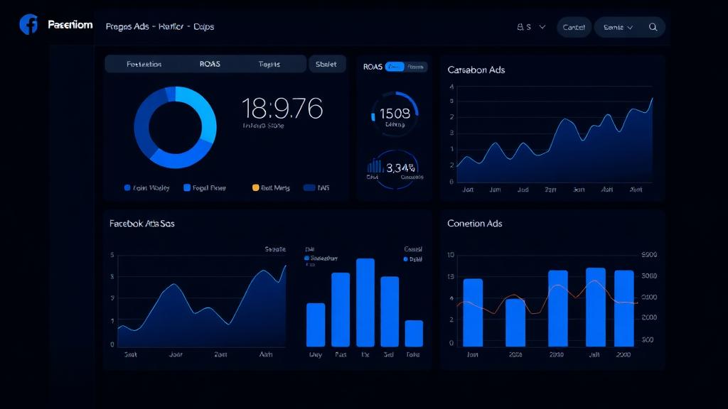 Facebook Ads performance dashboard with ROAS and conversion metrics