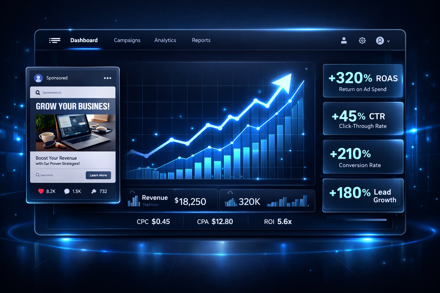 Facebook Ads performance dashboard showing ROAS, CTR, conversion rate, and lead growth metrics