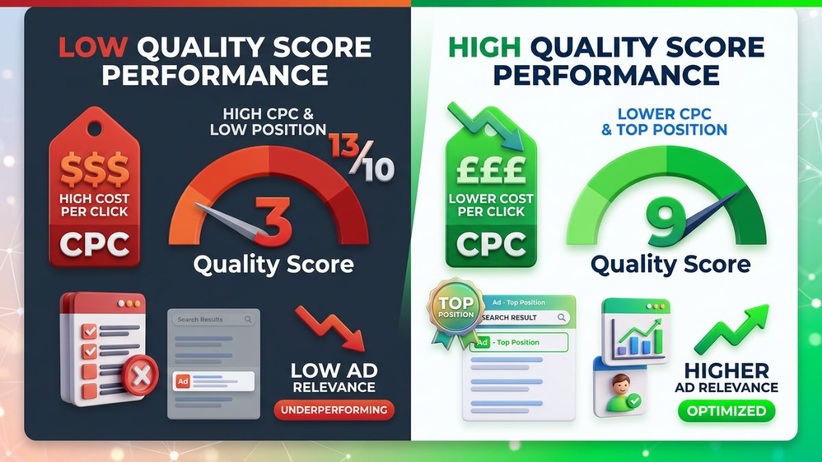 Before and after Quality Score optimization showing how higher Quality Score reduces CPC