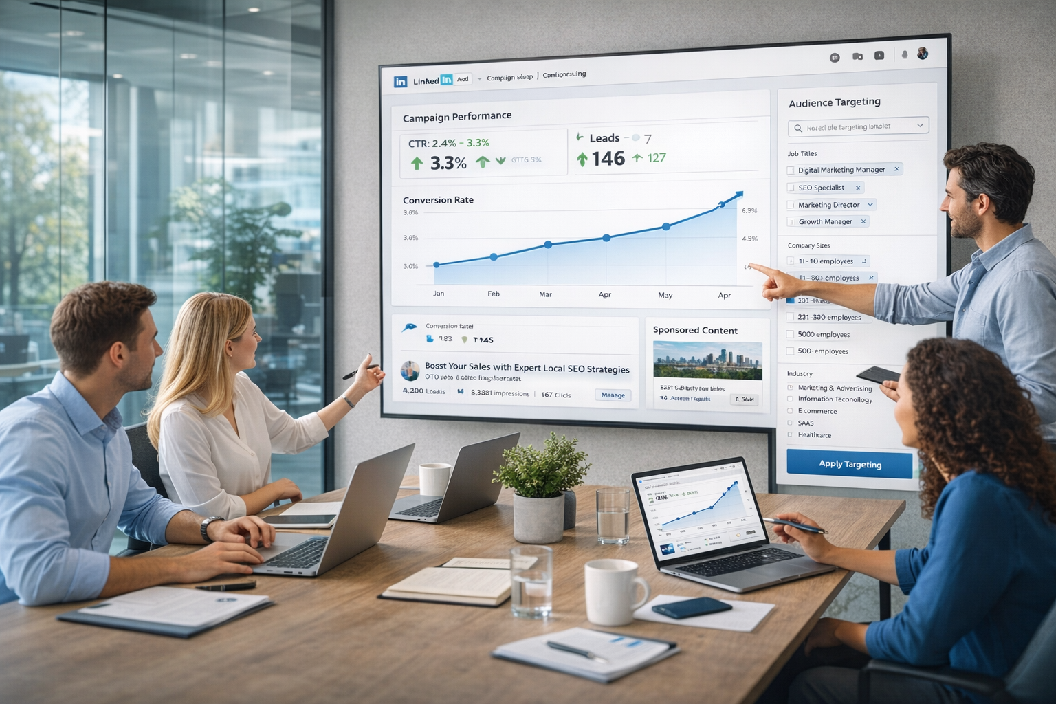 Team working on LinkedIn campaigns with dashboard results showing conversion rate and audience targeting
